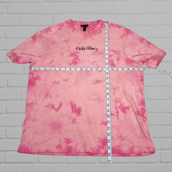 H&M x Keith Haring Mens T Shirt M Pink Relaxed Tie Dye Three Eyed Face Artist - Picture 5 of 9